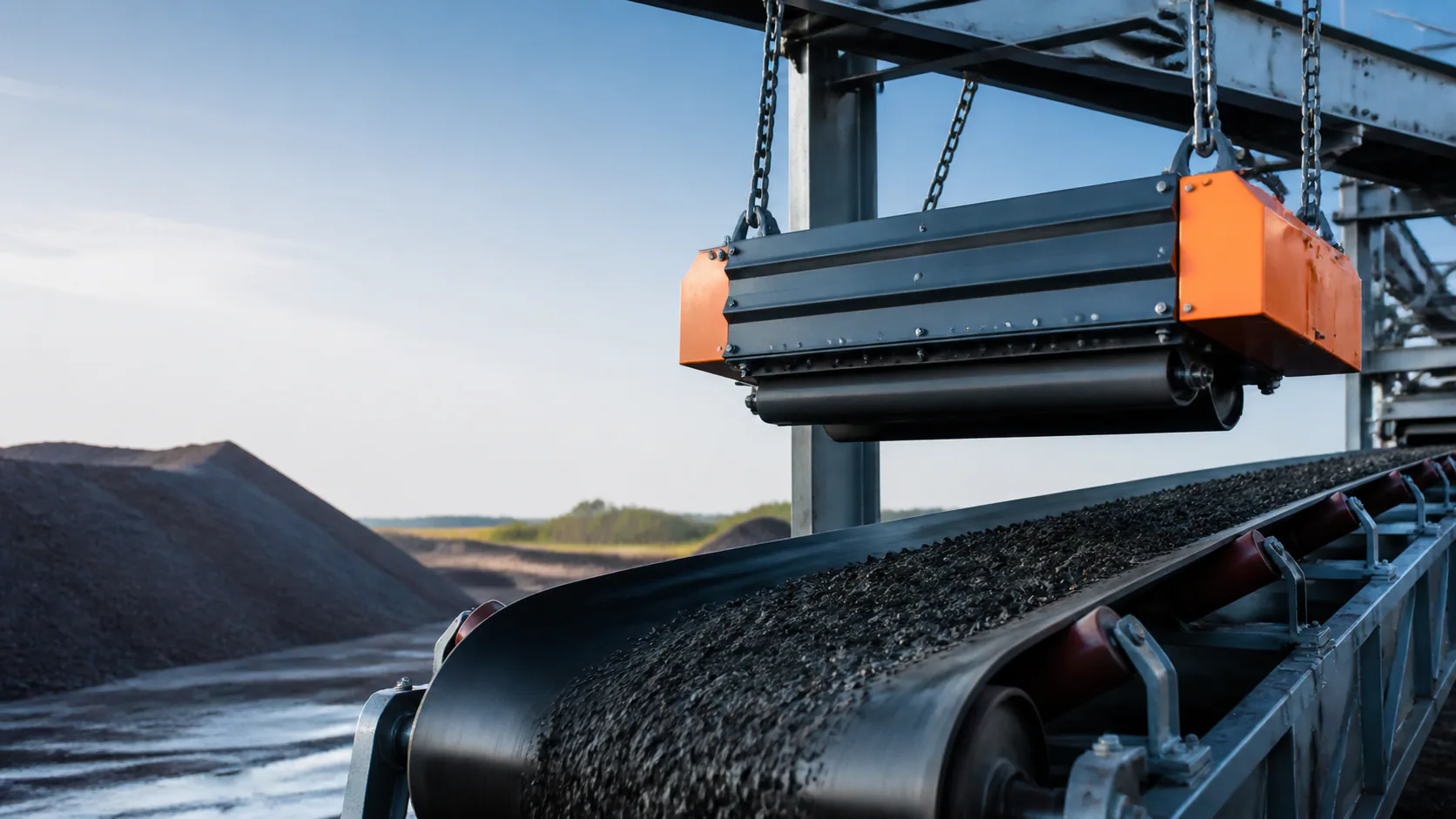 Unbranded suspended magnetic separator operating above an aggregate conveyor