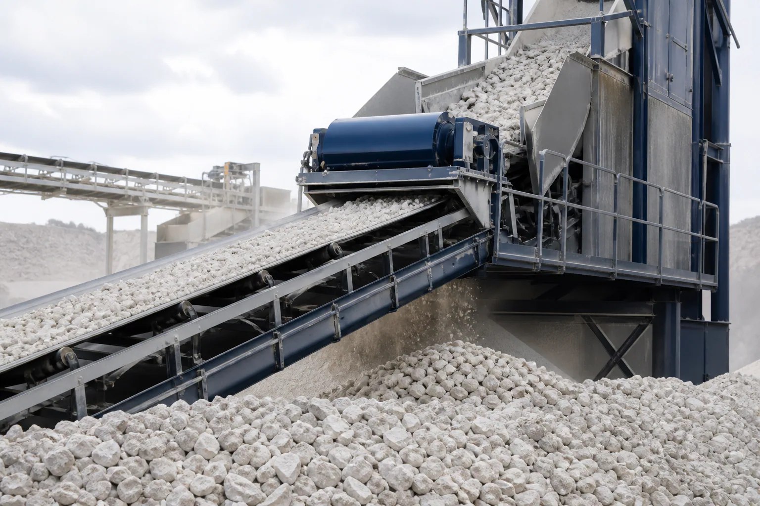 Aggregate conveyor carrying pale crushed stone