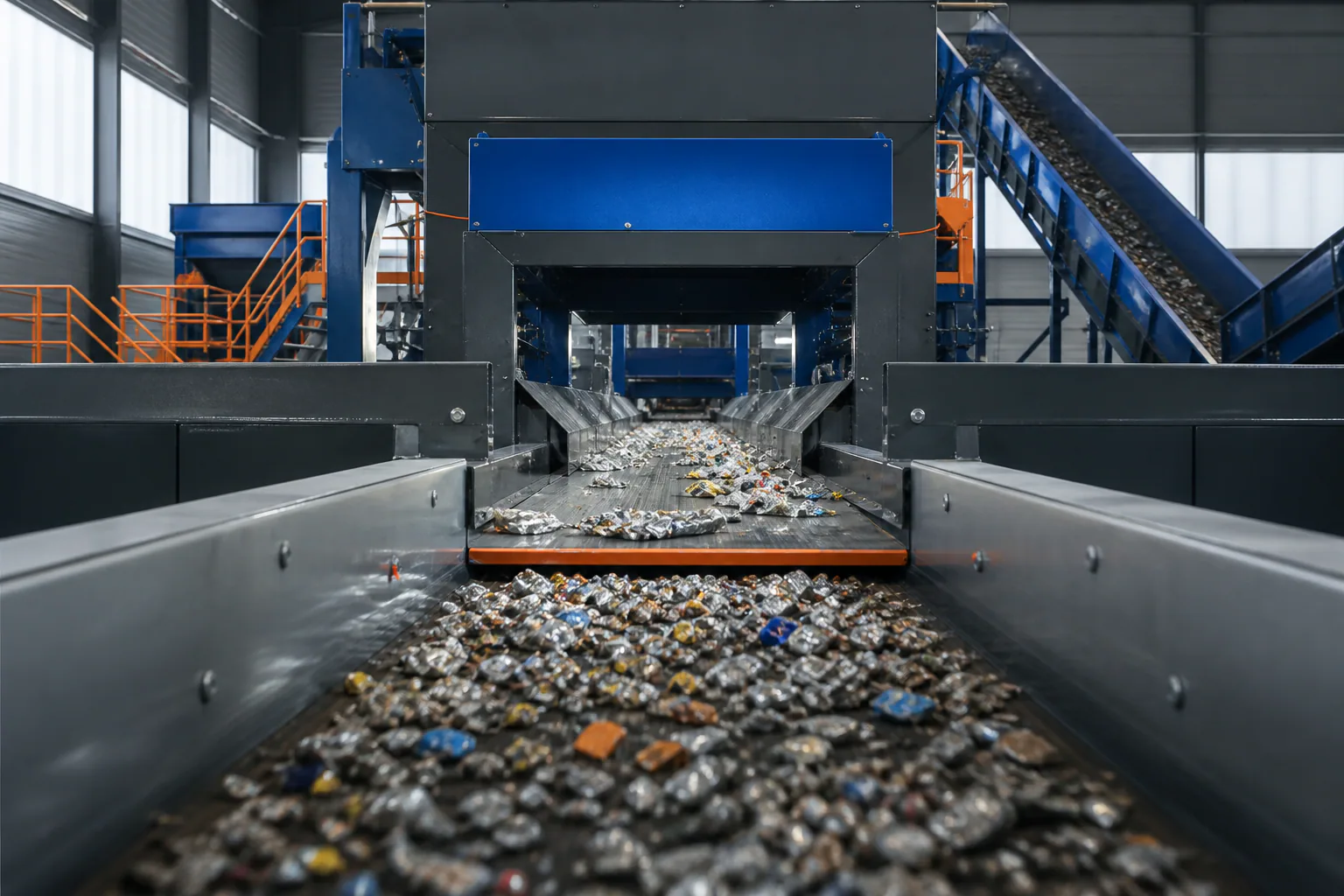 Organized recycling line with a metal sorting conveyor